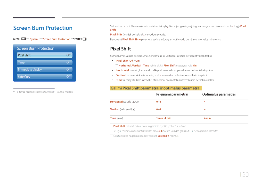 Samsung LH55UDDPLBB/EN manual Screen Burn Protection, 120, Galimi Pixel Shift parametrai ir optimalūs parametrai 
