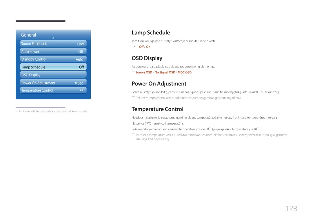 Samsung LH55UDDPLBB/EN manual 128, Lamp Schedule, OSD Display, Power On Adjustment, Temperature Control 