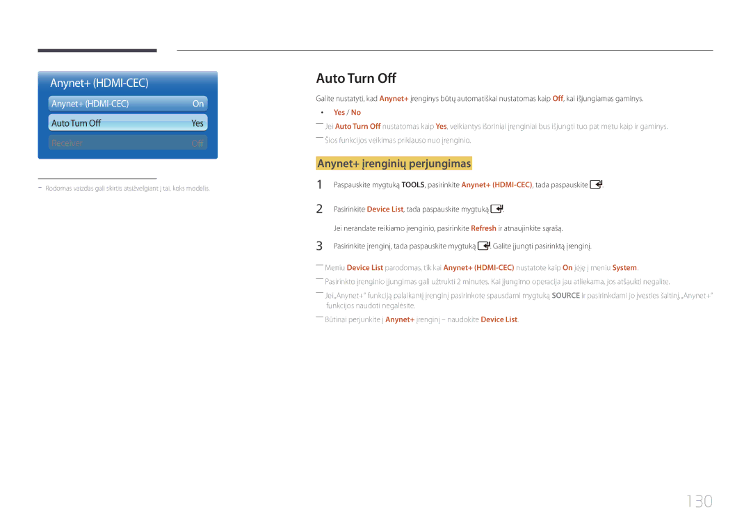 Samsung LH55UDDPLBB/EN manual 130, Auto Turn Off, Anynet+ įrenginių perjungimas, Yes / No 