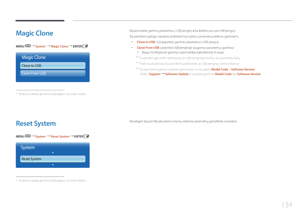 Samsung LH55UDDPLBB/EN manual 134, Menu m System Magic Clone Enter, Menu m System Reset System Enter 