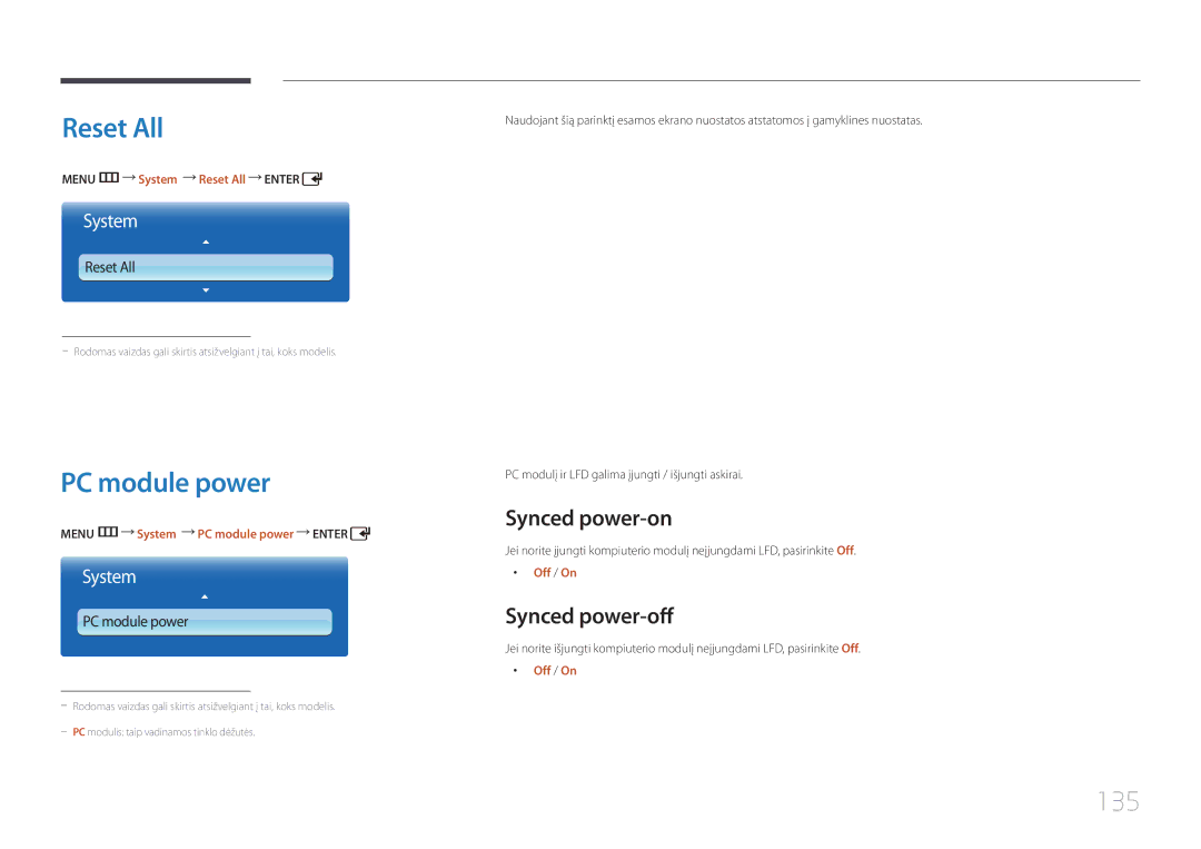 Samsung LH55UDDPLBB/EN manual Reset All, PC module power, 135, Synced power-on, Synced power-off 