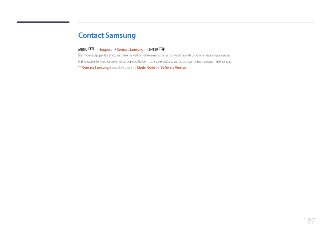 Samsung LH55UDDPLBB/EN manual 137, Menu m Support Contact Samsung Enter 