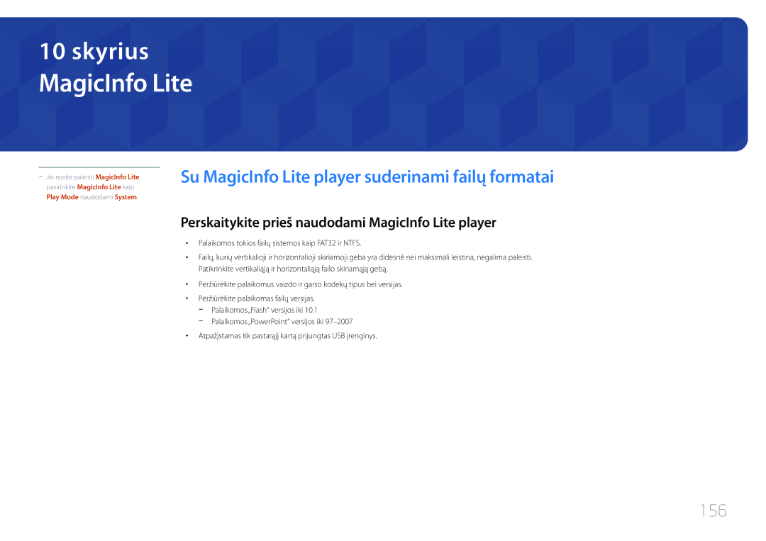 Samsung LH55UDDPLBB/EN manual Su MagicInfo Lite player suderinami failų formatai, 156 