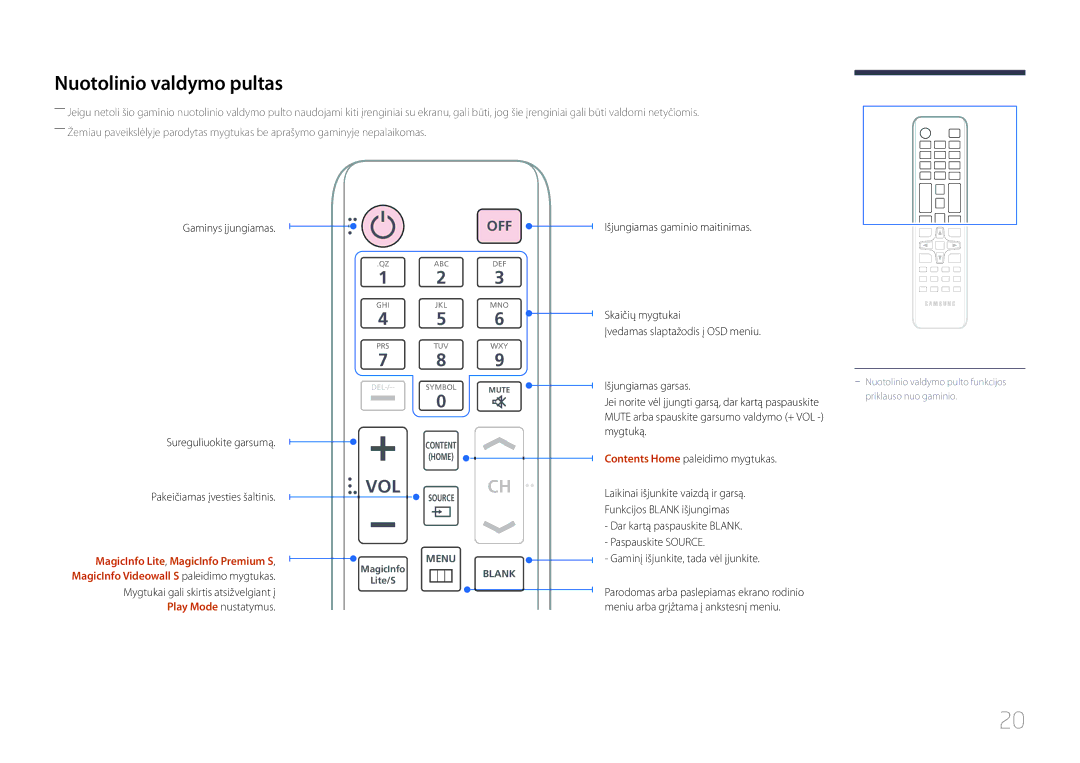 Samsung LH55UDDPLBB/EN manual Nuotolinio valdymo pultas, Mygtukai gali skirtis atsižvelgiant į Play Mode nustatymus 