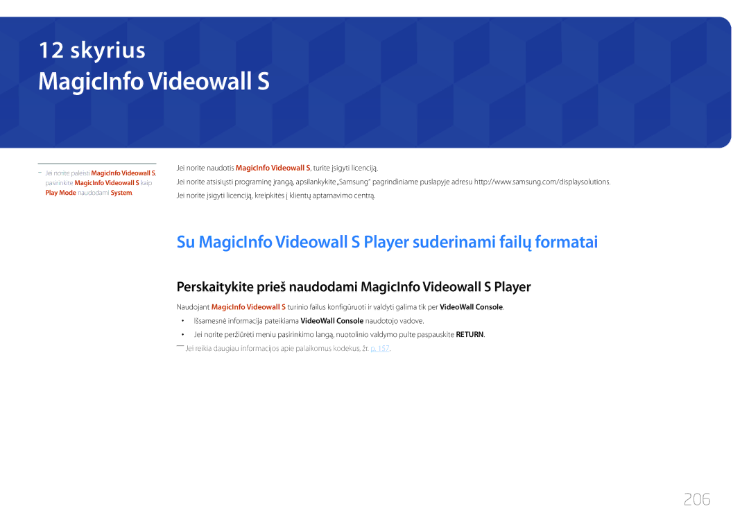 Samsung LH55UDDPLBB/EN manual Su MagicInfo Videowall S Player suderinami failų formatai, 206 