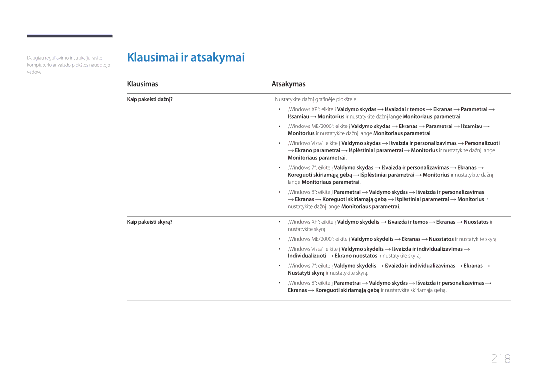 Samsung LH55UDDPLBB/EN Klausimai ir atsakymai, 218, Klausimas Atsakymas, Nustatykite dažnį lange Monitoriaus parametrai 