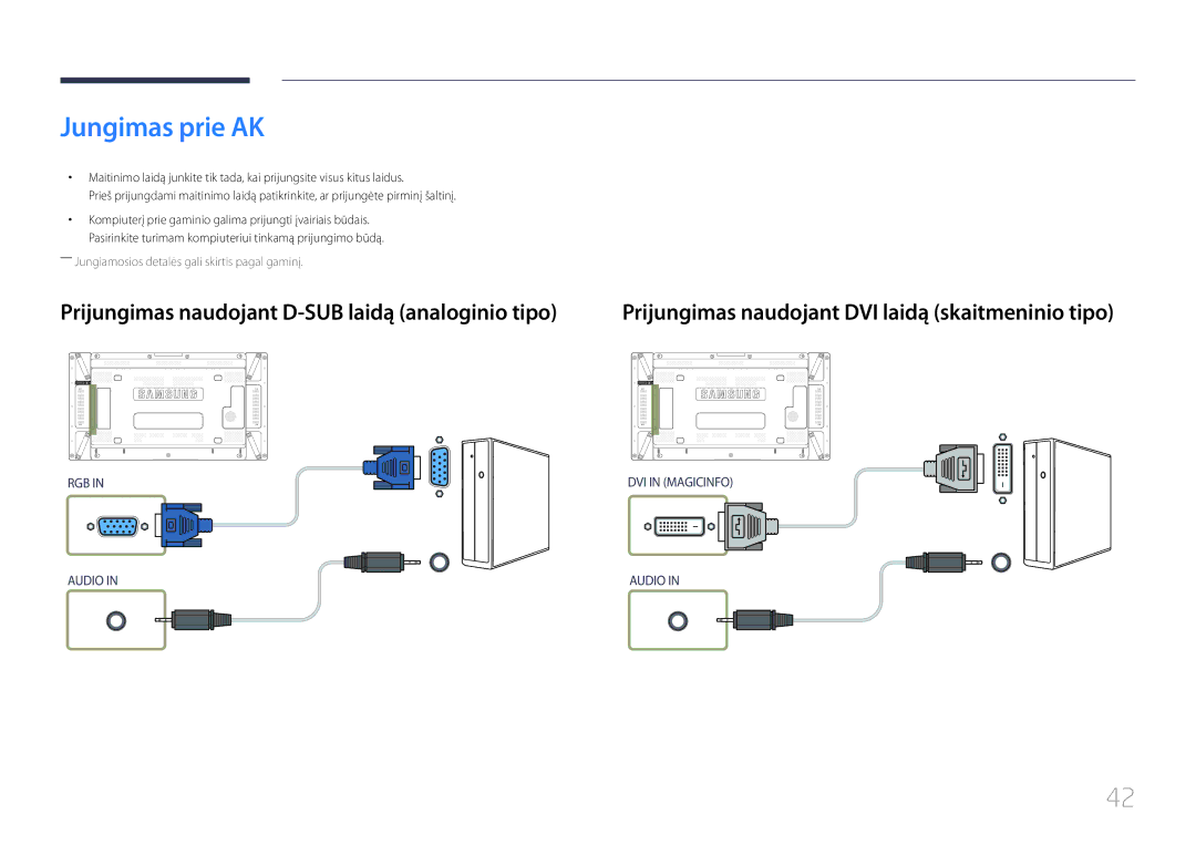 Samsung LH55UDDPLBB/EN manual Jungimas prie AK, Prijungimas naudojant D-SUB laidą analoginio tipo 