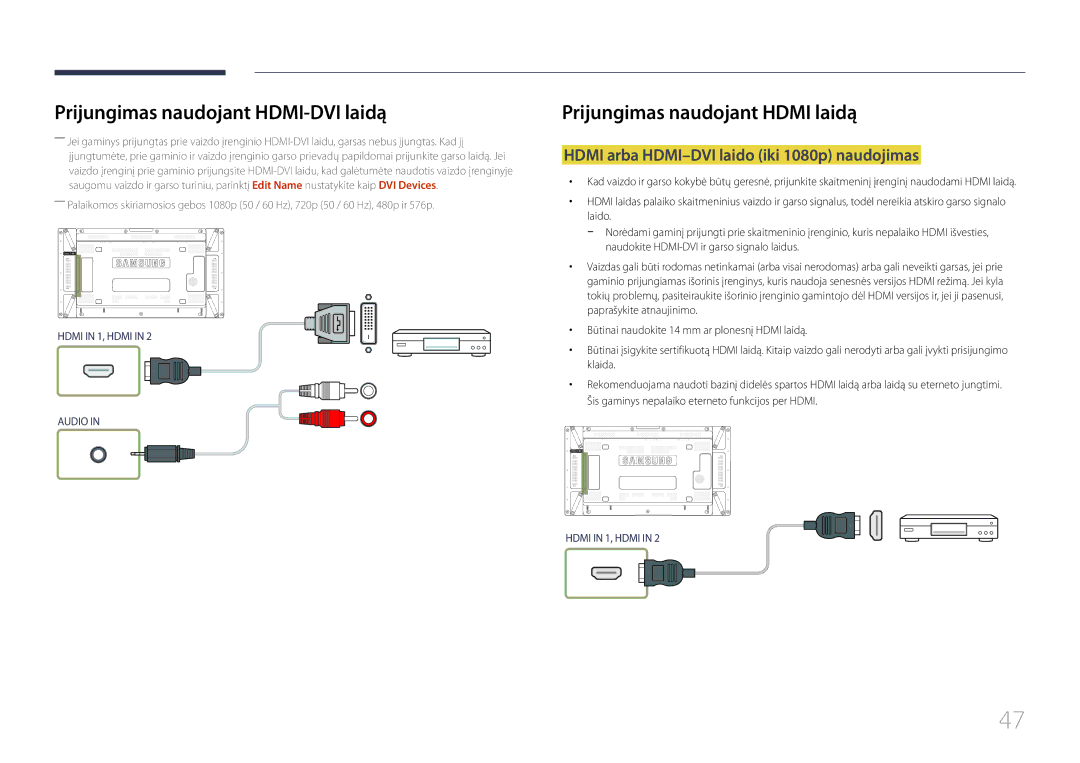 Samsung LH55UDDPLBB/EN manual Prijungimas naudojant HDMI-DVI laidą, Hdmi arba HDMI-DVI laido iki 1080p naudojimas 