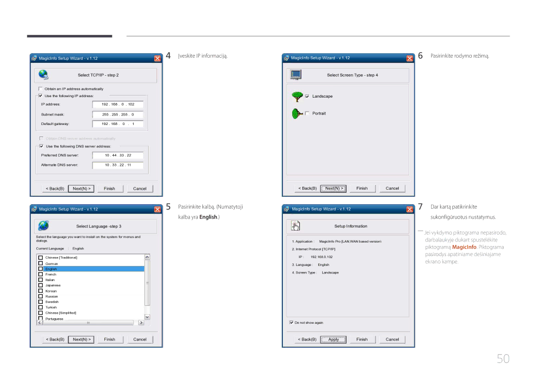 Samsung LH55UDDPLBB/EN manual Įveskite IP informaciją, Pasirinkite rodymo režimą 