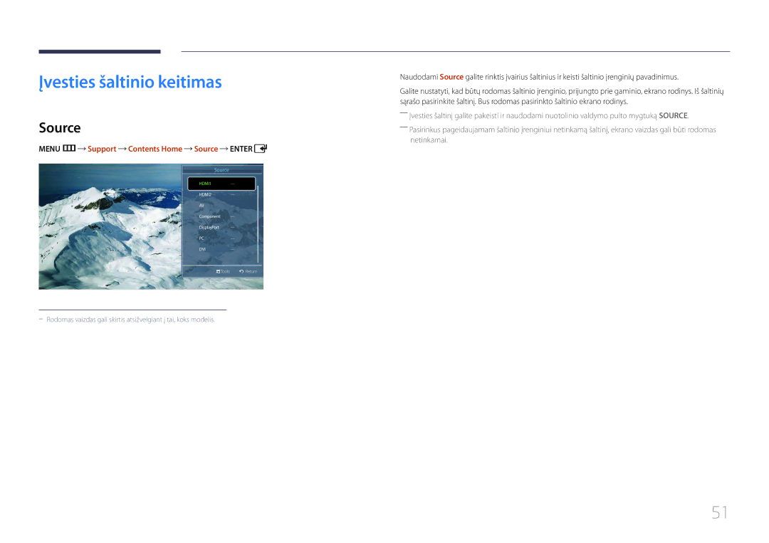 Samsung LH55UDDPLBB/EN manual Įvesties šaltinio keitimas, Menu m Support Contents Home Source 
