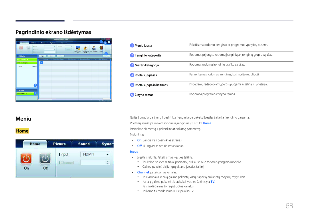 Samsung LH55UDDPLBB/EN manual Pagrindinio ekrano išdėstymas Meniu, Pakeičiama rodomo įrenginio ar programos ypatybių būsena 