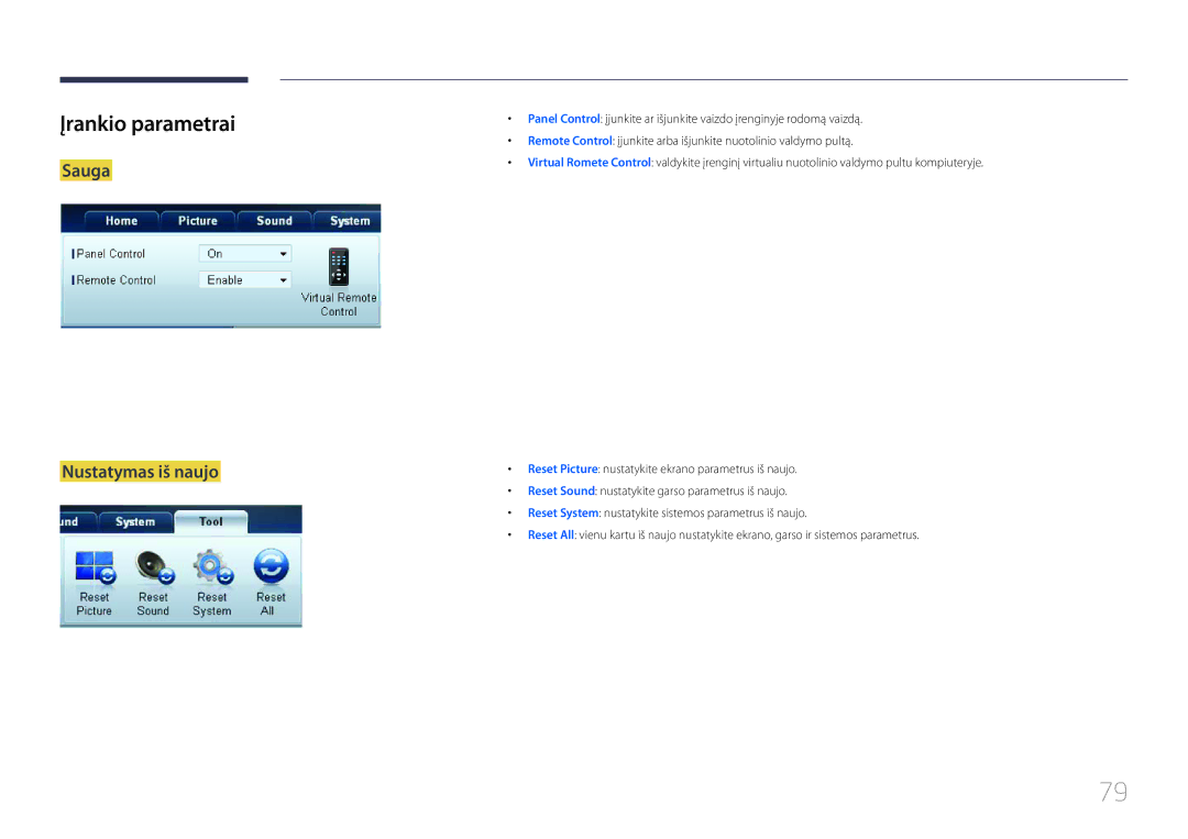 Samsung LH55UDDPLBB/EN manual Įrankio parametrai, Sauga Nustatymas iš naujo 