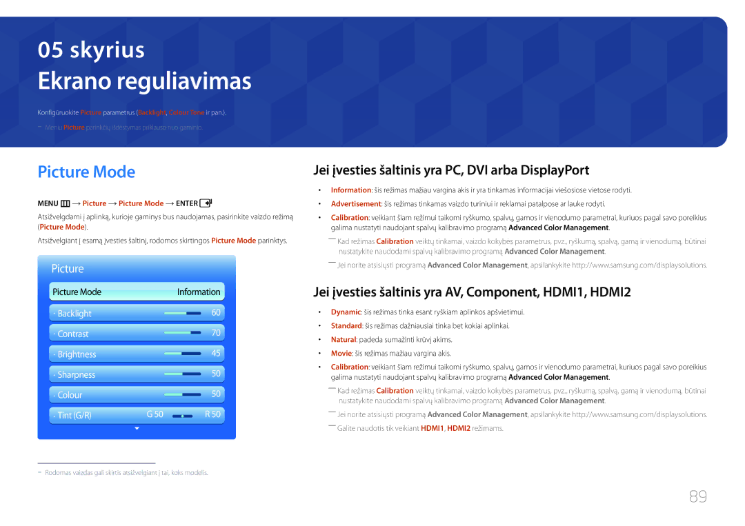 Samsung LH55UDDPLBB/EN manual Ekrano reguliavimas, Picture Mode, Jei įvesties šaltinis yra PC, DVI arba DisplayPort 