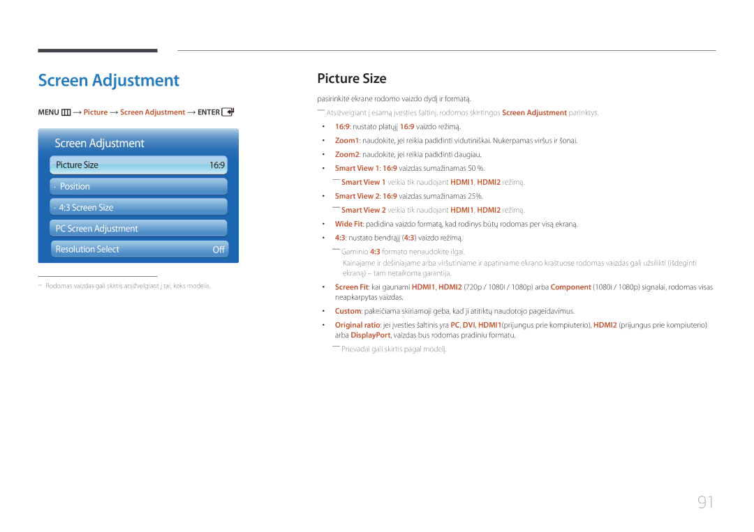 Samsung LH55UDDPLBB/EN Picture Size, Menu m Picture Screen Adjustment Enter, Smart View 2 169 vaizdas sumažinamas 25% 