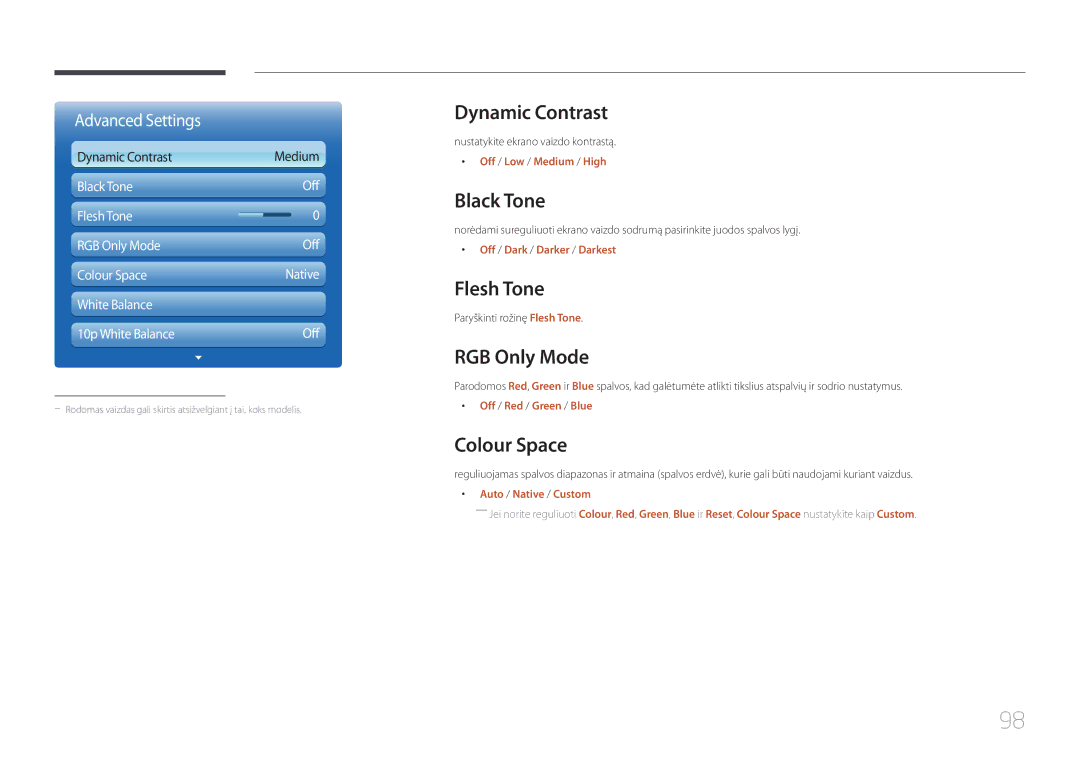 Samsung LH55UDDPLBB/EN manual Dynamic Contrast, Black Tone, Flesh Tone, RGB Only Mode, Colour Space 