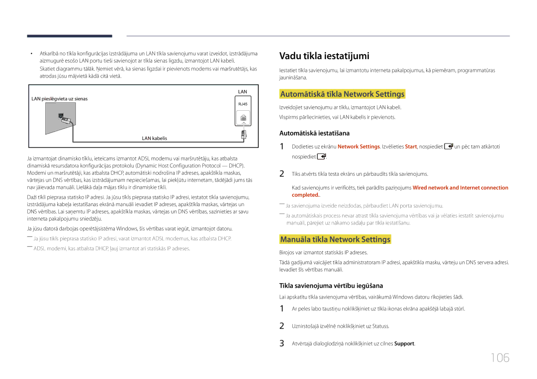 Samsung LH55UDDPLBB/EN 106, Vadu tīkla iestatījumi, Automātiskā tīkla Network Settings, Manuāla tīkla Network Settings 