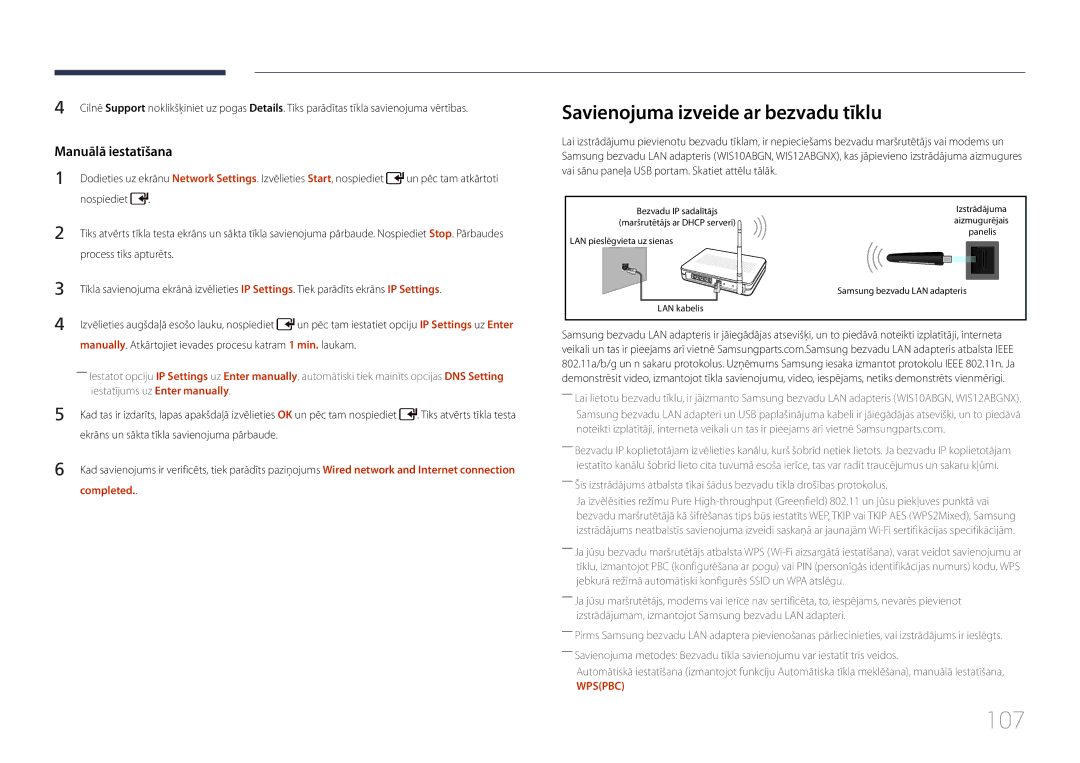 Samsung LH55UDDPLBB/EN manual 107, Savienojuma izveide ar bezvadu tīklu, Un pēc tam atkārtoti, Nospiediet 