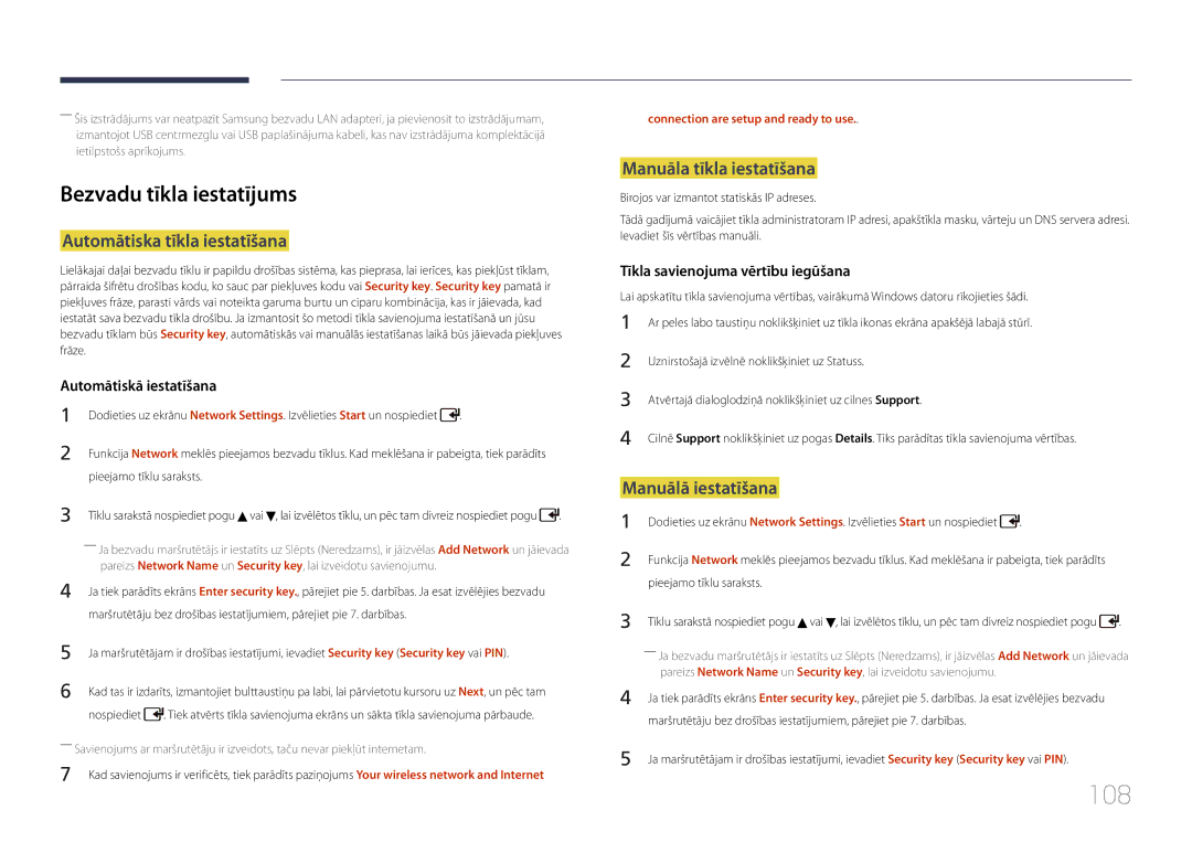 Samsung LH55UDDPLBB/EN manual 108, Bezvadu tīkla iestatījums, Automātiska tīkla iestatīšana, Manuāla tīkla iestatīšana 