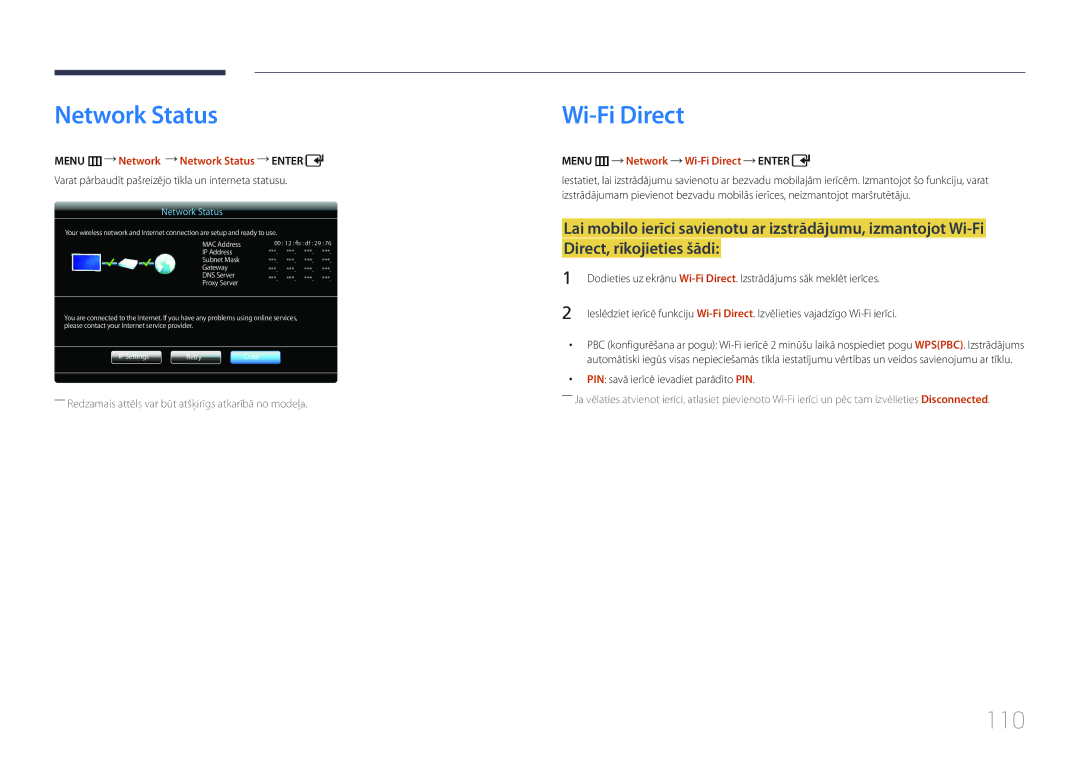 Samsung LH55UDDPLBB/EN manual 110, Menu m Network Network Status Enter, Menu m Network Wi-Fi Direct Enter 