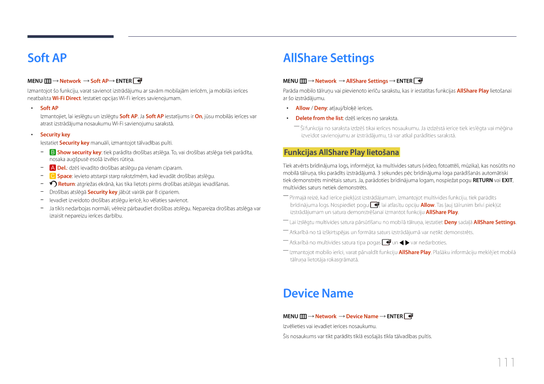 Samsung LH55UDDPLBB/EN manual Soft AP, AllShare Settings, Device Name, 111, Funkcijas AllShare Play lietošana 