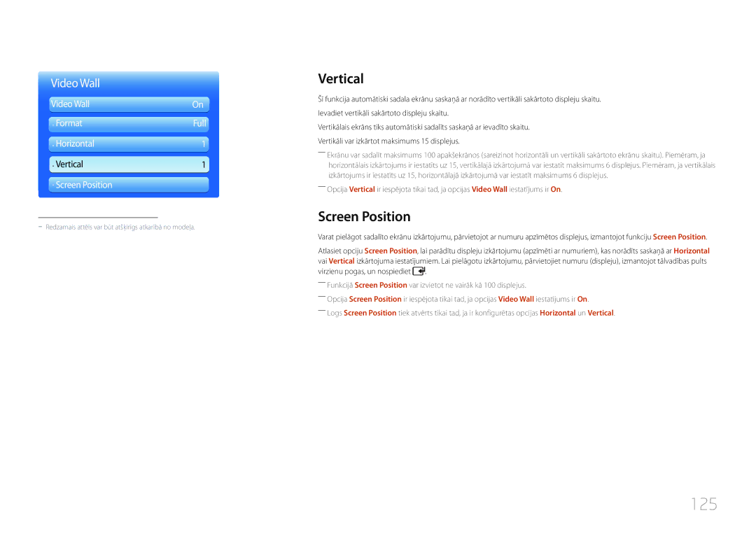 Samsung LH55UDDPLBB/EN manual 125, Vertical, Screen Position 