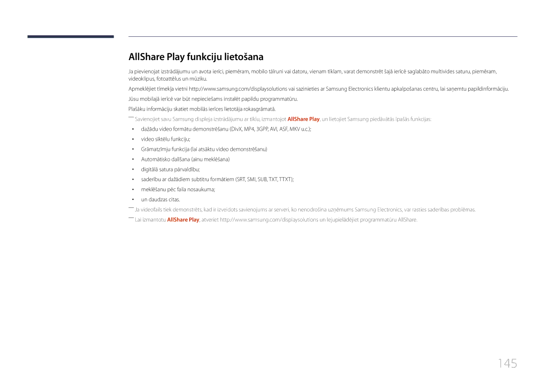 Samsung LH55UDDPLBB/EN manual 145, AllShare Play funkciju lietošana 