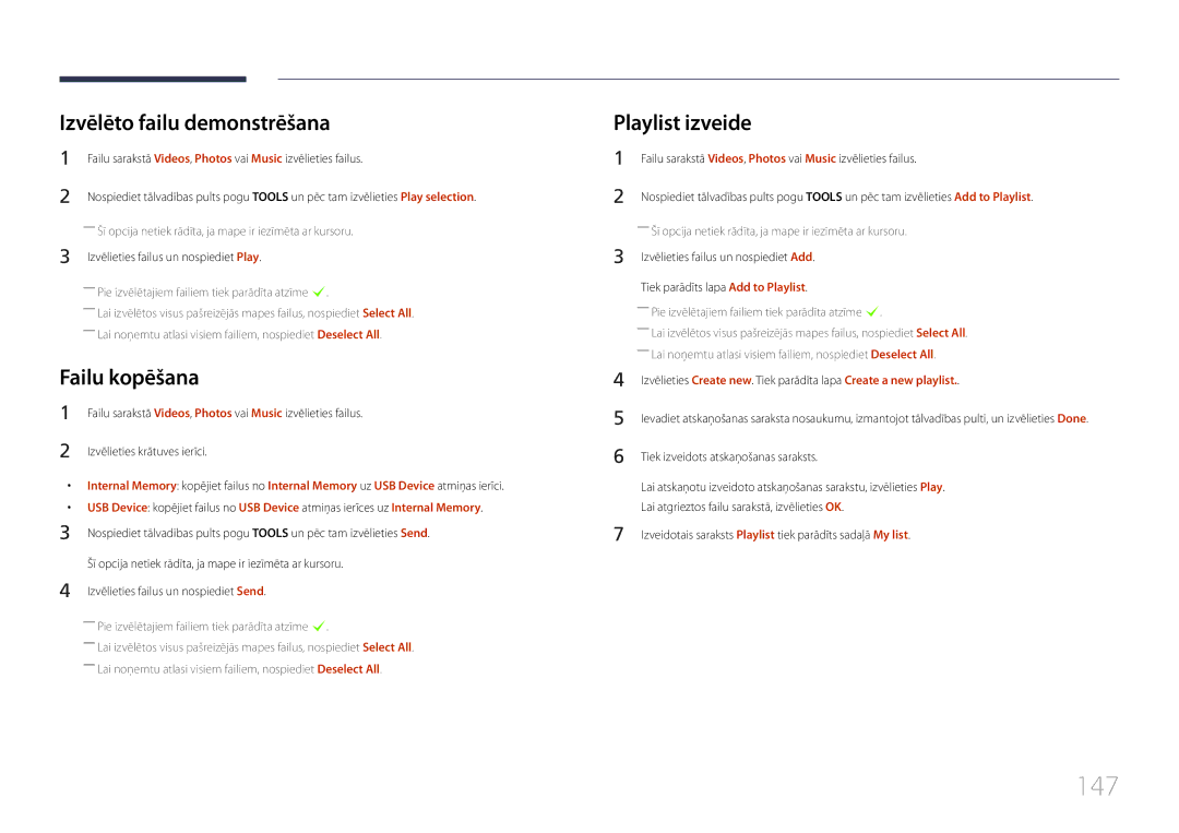 Samsung LH55UDDPLBB/EN manual 147, Izvēlēto failu demonstrēšana, Failu kopēšana, Playlist izveide 