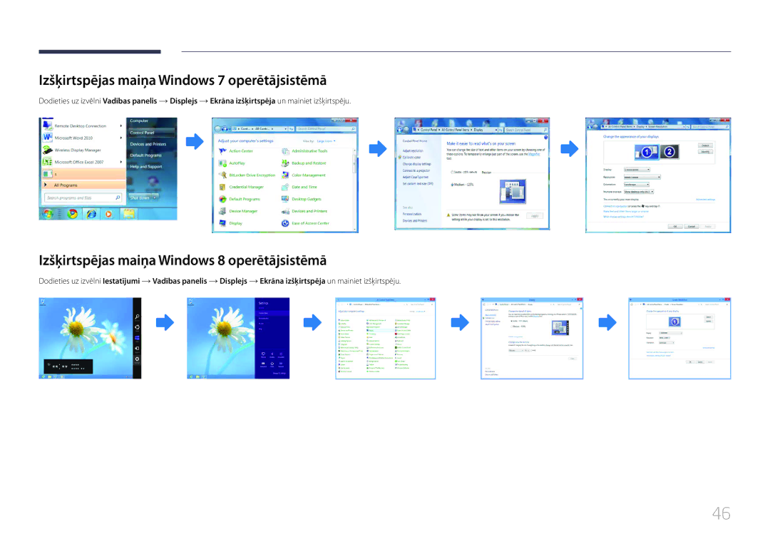 Samsung LH55UDDPLBB/EN manual Izšķirtspējas maiņa Windows 7 operētājsistēmā, Izšķirtspējas maiņa Windows 8 operētājsistēmā 