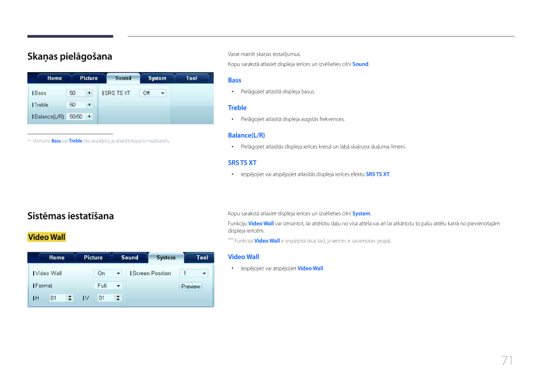 Samsung LH55UDDPLBB/EN manual Skaņas pielāgošana, Sistēmas iestatīšana, Pielāgojiet atlasītā displeja basus 