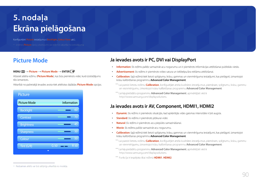 Samsung LH55UDDPLBB/EN manual Ekrāna pielāgošana, Picture Mode, Ja ievades avots ir PC, DVI vai DisplayPort 