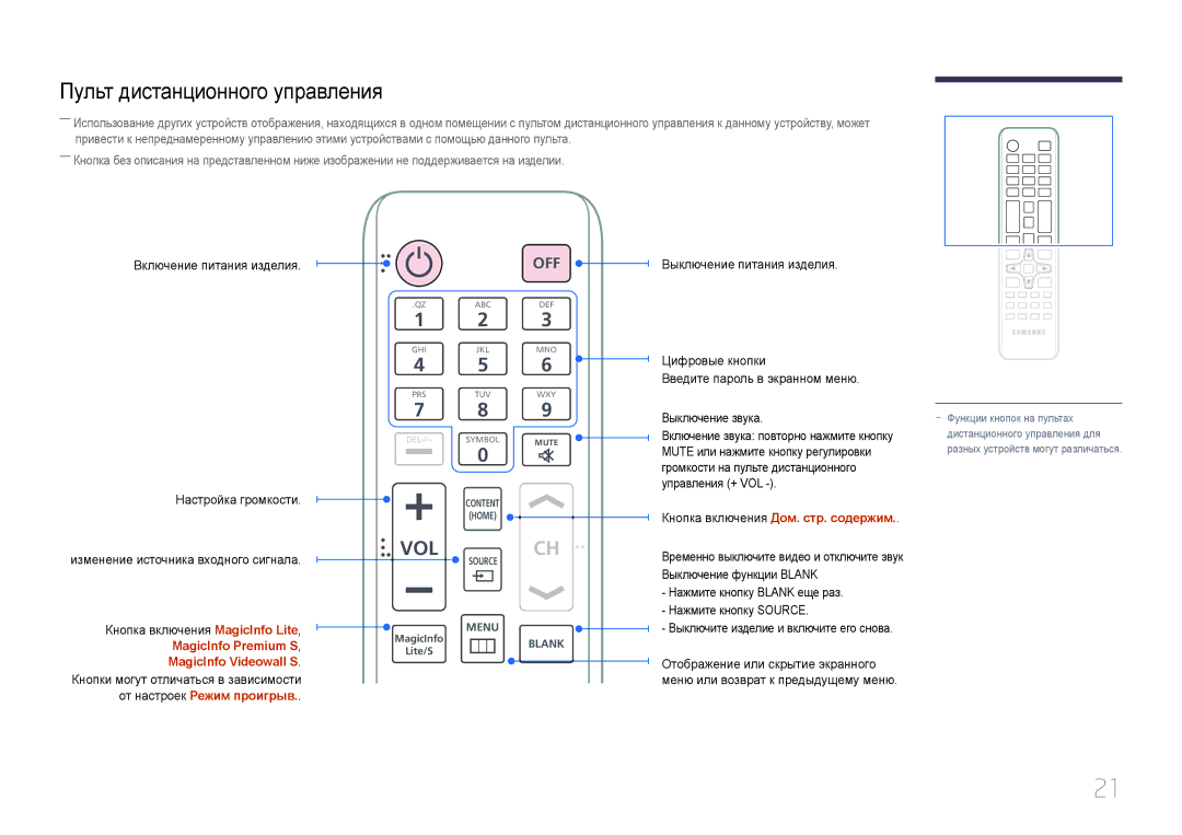 Samsung LH55UDDPLBB/EN manual Пульт дистанционного управления, Кнопка включения Дом. стр. содержим 