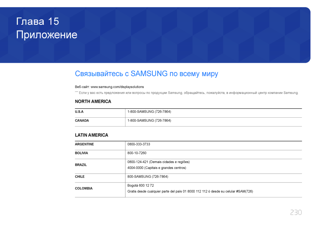 Samsung LH55UDDPLBB/EN manual Приложение, Связывайтесь с Samsung по всему миру, 230 