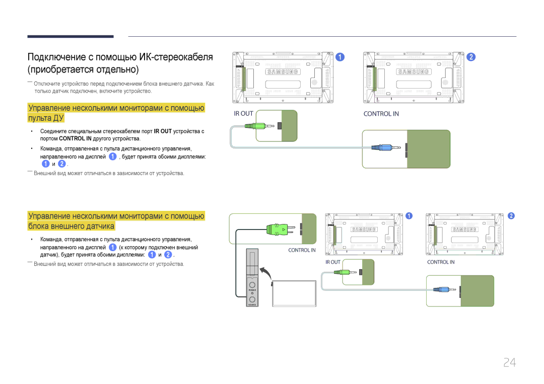 Samsung LH55UDDPLBB/EN Управление несколькими мониторами с помощью пульта ДУ, Датчик, будет принята обоими дисплеями 1 и 