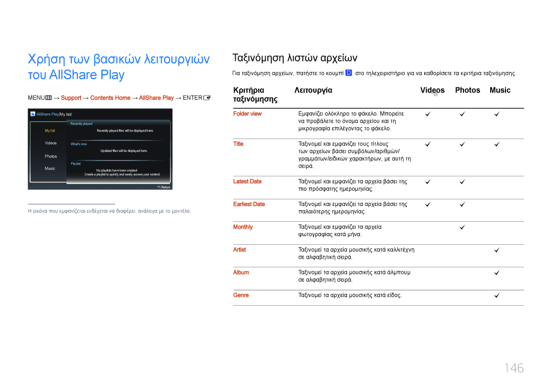 Samsung LH55UDDPLBB/EN manual Χρήση των βασικών λειτουργιών του AllShare Play, 146, Ταξινόμηση λιστών αρχείων, Ταξινόμησης 