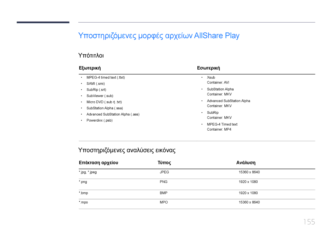 Samsung LH55UDDPLBB/EN Υποστηριζόμενες μορφές αρχείων AllShare Play, 155, Υπότιτλοι, Υποστηριζόμενες αναλύσεις εικόνας 