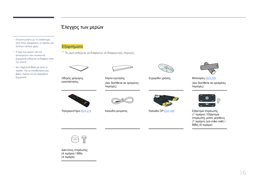 Samsung LH55UDDPLBB/EN manual Έλεγχος των μερών, Εξαρτήματα 