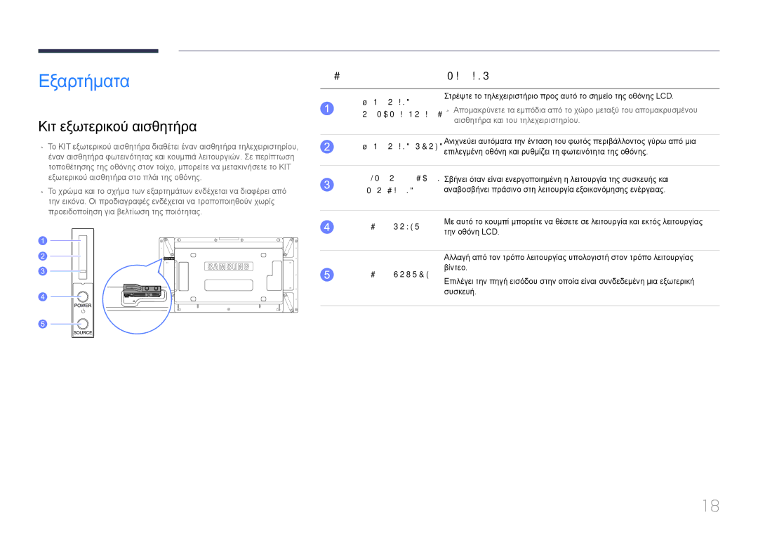 Samsung LH55UDDPLBB/EN manual Εξαρτήματα, Κιτ εξωτερικού αισθητήρα, Κουμπιά Περιγραφή 