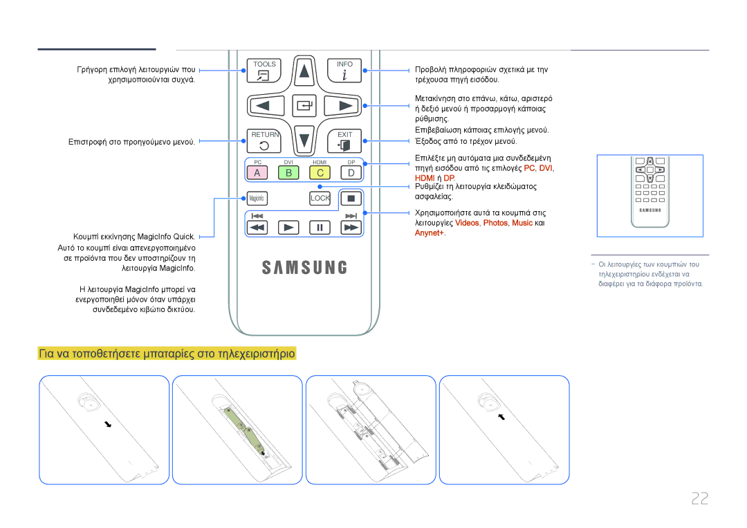 Samsung LH55UDDPLBB/EN manual Για να τοποθετήσετε μπαταρίες στο τηλεχειριστήριο, Hdmi ή DP 