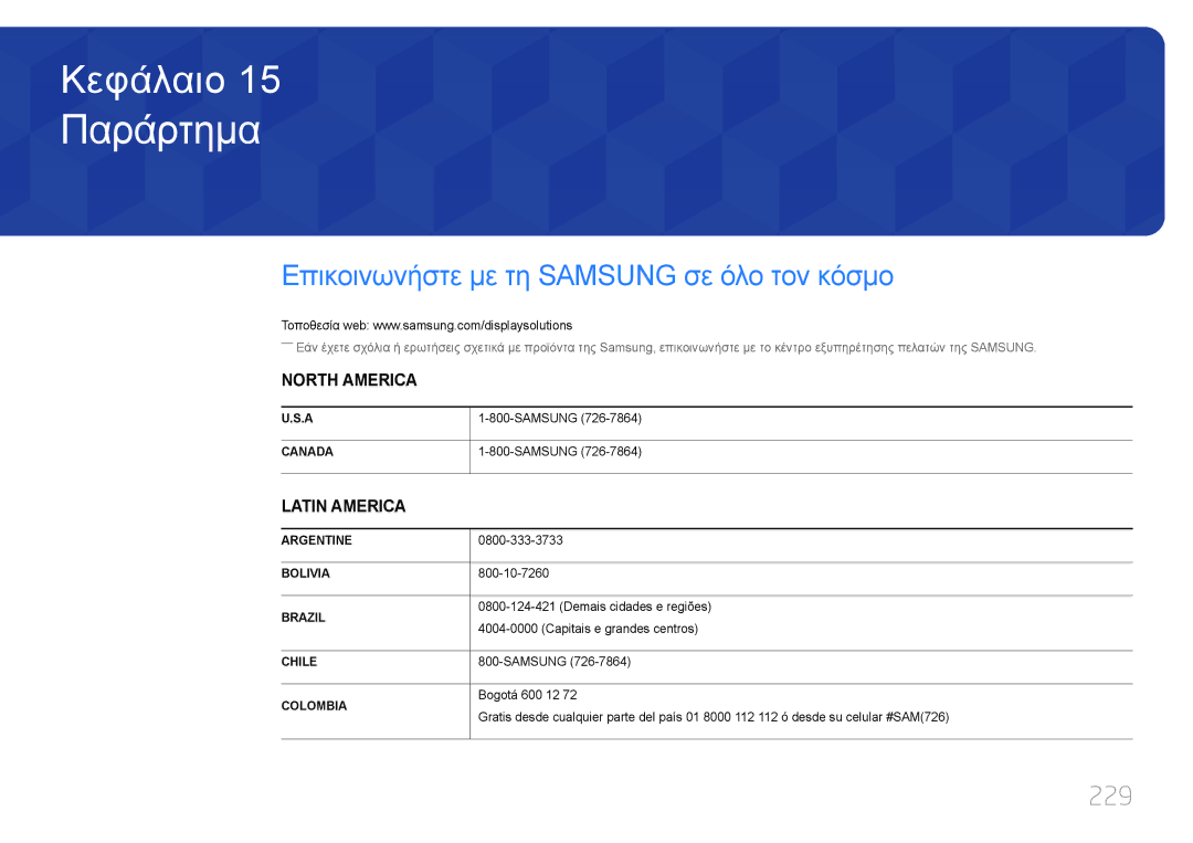 Samsung LH55UDDPLBB/EN manual Παράρτημα, Επικοινωνήστε με τη Samsung σε όλο τον κόσμο, 229 