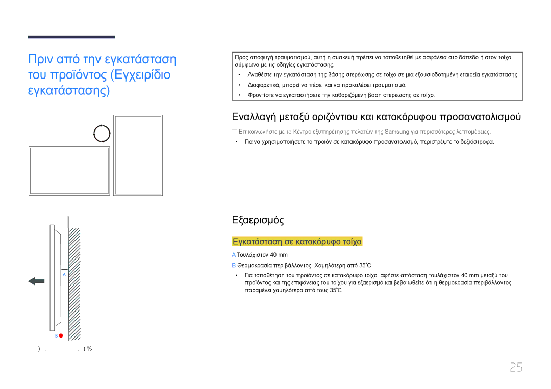 Samsung LH55UDDPLBB/EN manual Εναλλαγή μεταξύ οριζόντιου και κατακόρυφου προσανατολισμού, Εξαερισμός 