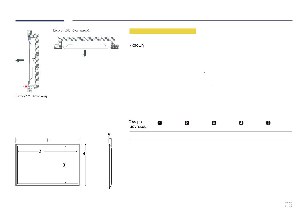 Samsung LH55UDDPLBB/EN manual Εγκατάσταση σε τοίχο με εσοχή, Κάτοψη, Όνομα, Μοντέλου 