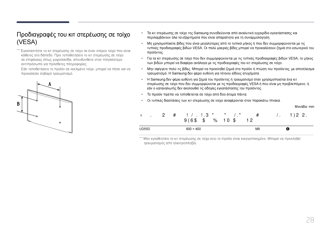 Samsung LH55UDDPLBB/EN manual Προδιαγραφές του κιτ στερέωσης σε τοίχο Vesa 
