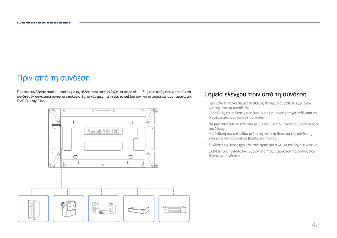 Samsung LH55UDDPLBB/EN Σύνδεση και χρήση μιας συσκευής πηγής, Πριν από τη σύνδεση, Σημεία ελέγχου πριν από τη σύνδεση 