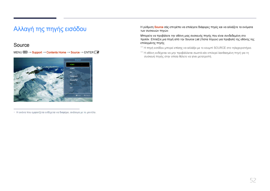 Samsung LH55UDDPLBB/EN manual Αλλαγή της πηγής εισόδου, Menu m Support Contents Home Source 