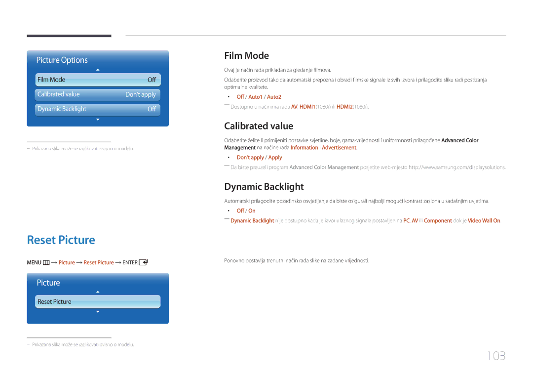 Samsung LH55UDDPLBB/EN manual Reset Picture, 103, Film Mode, Calibrated value, Dynamic Backlight 