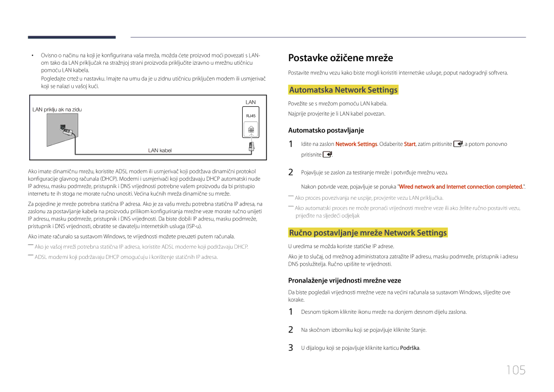 Samsung LH55UDDPLBB/EN 105, Postavke ožičene mreže, Automatska Network Settings, Ručno postavljanje mreže Network Settings 