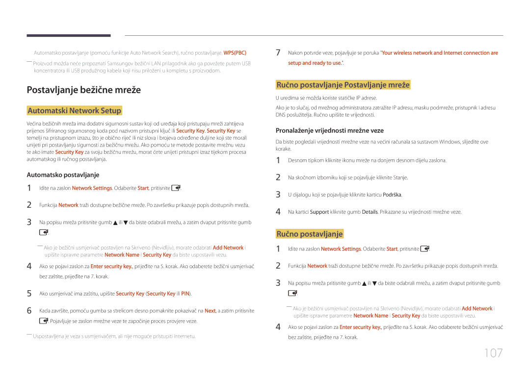 Samsung LH55UDDPLBB/EN 107, Postavljanje bežične mreže, Automatski Network Setup, Ručno postavljanje Postavljanje mreže 