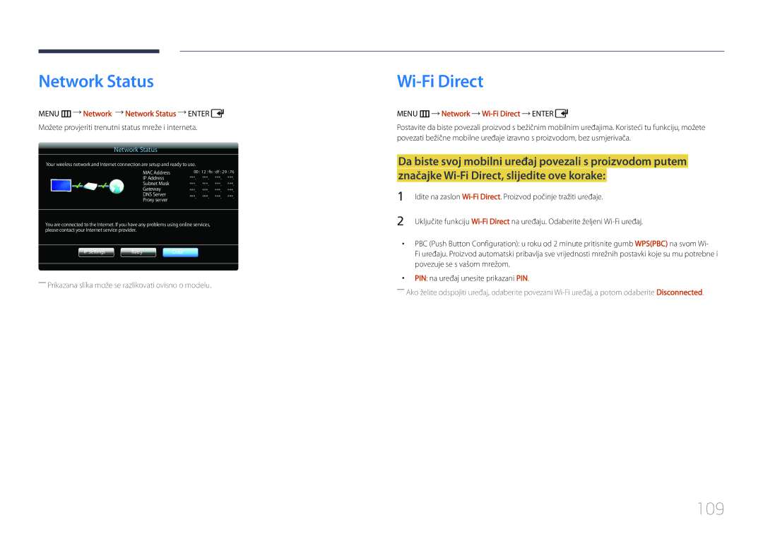 Samsung LH55UDDPLBB/EN manual 109, Menu m Network Network Status Enter, Menu m Network Wi-Fi Direct Enter 