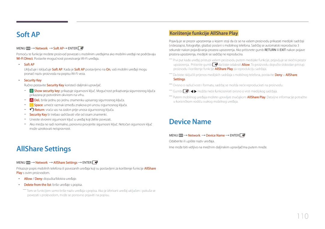 Samsung LH55UDDPLBB/EN manual Soft AP, AllShare Settings, Device Name, 110, Korištenje funkcije AllShare Play 