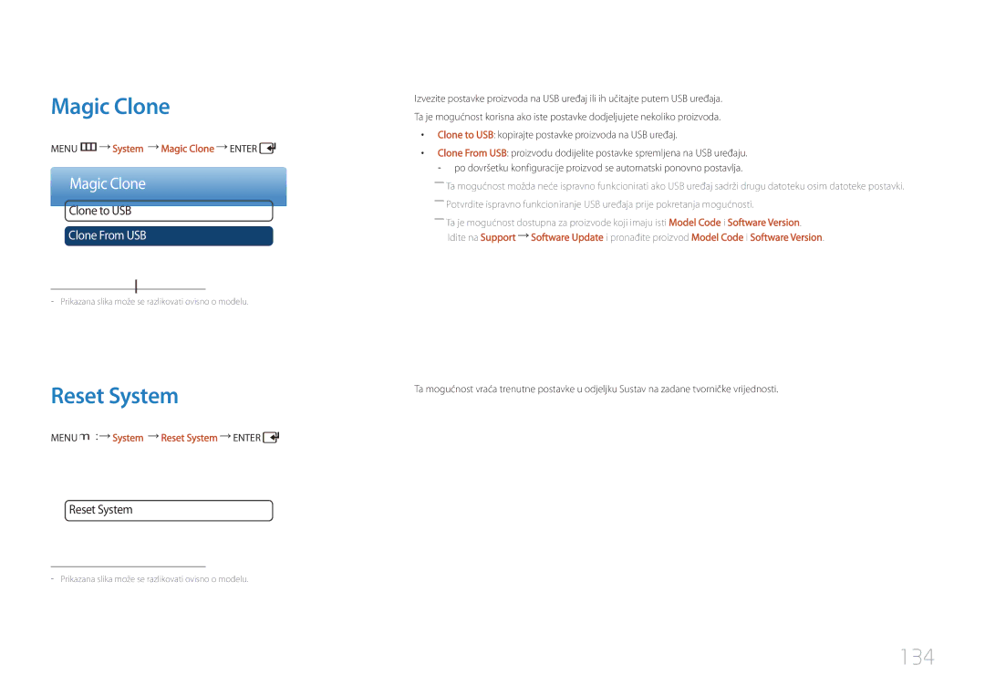 Samsung LH55UDDPLBB/EN manual 134, Menu m System Magic Clone Enter, Menu m System Reset System Enter 